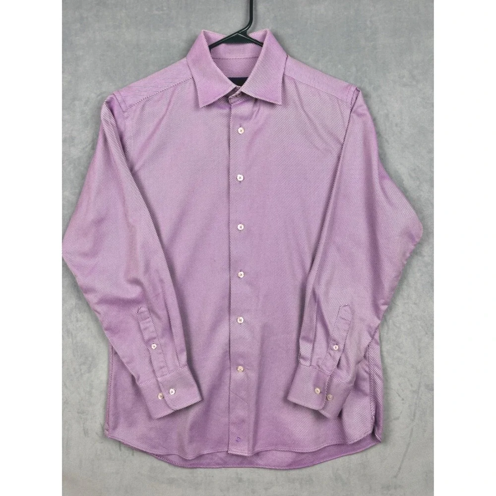 David Donahue Mens Trim Fit Purple White Stripe Cotton Dress Shirt Spread Collar